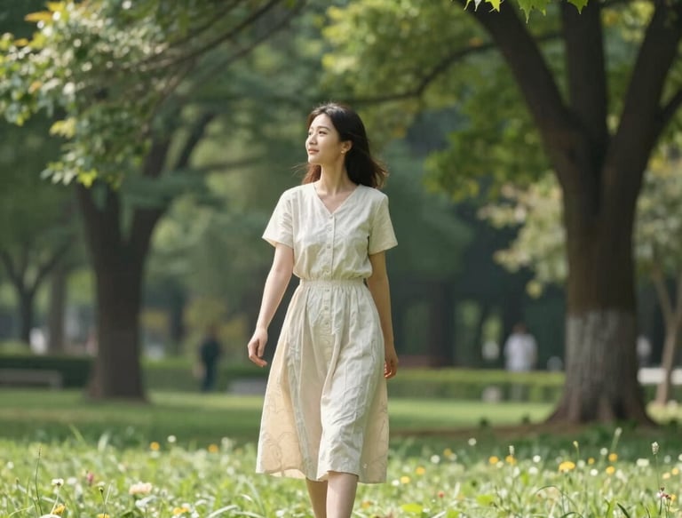 Campus scene with students walking under bright blue sky and leafy trees.