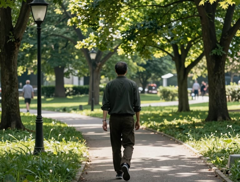 Campus scene with students walking under bright blue sky and leafy trees.