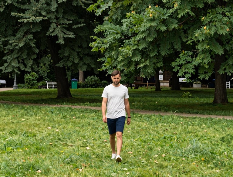 Campus scene with students walking under bright blue sky and leafy trees.