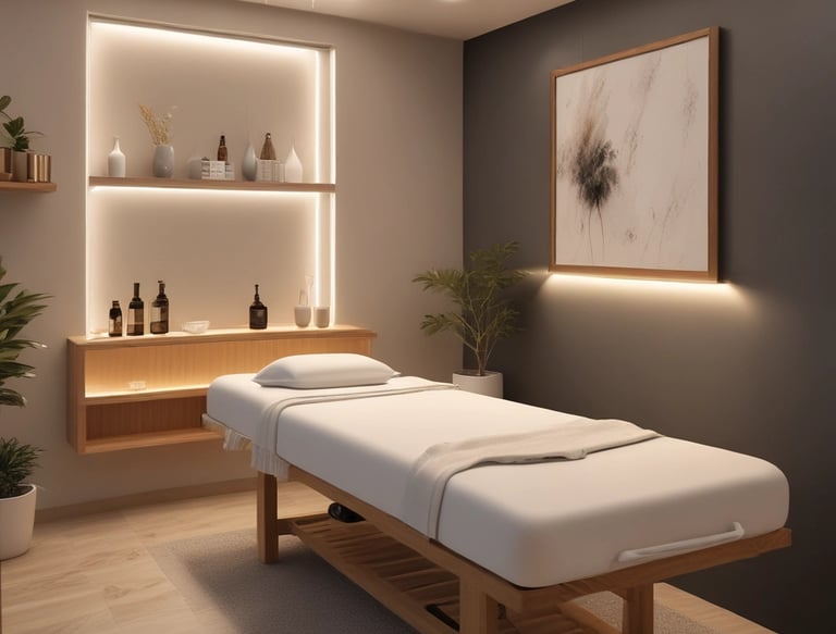 a massage room with a white bed and a table