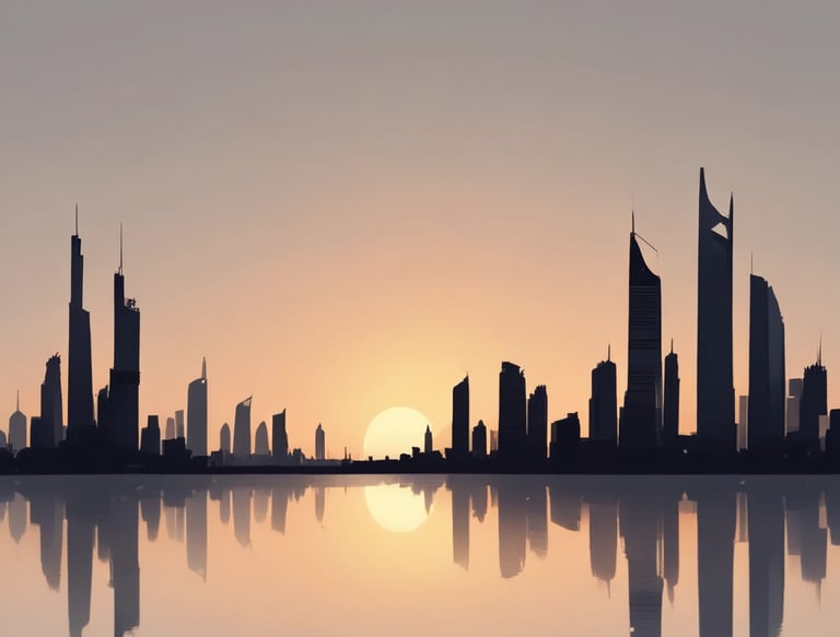 A sleek, modern Yas Island luxury villa exterior at sunset, showcasing elegant architecture and palm trees.