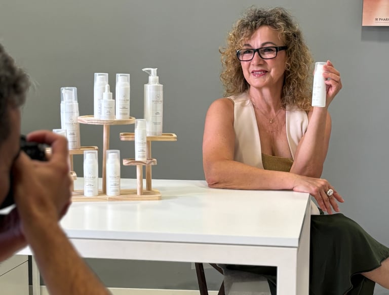 A woman posing with luxury skincare products for a professional photoshoot with a photographer.