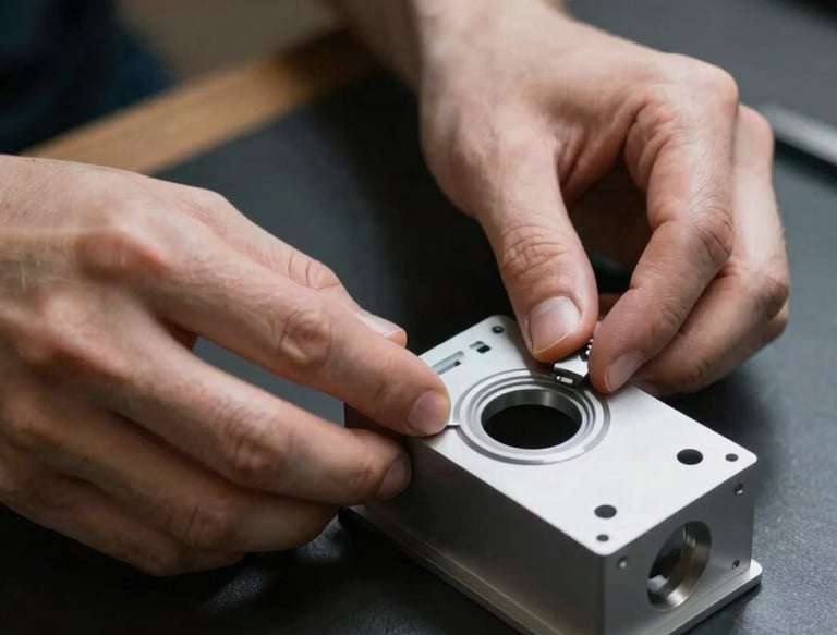 A close-up shot of hands working on a product prototype made of high-quality materials on a dark workbench. The aesthetic is premium and industrial, reflecting a North American innovation hub, with deep shadows and sharp highlights.