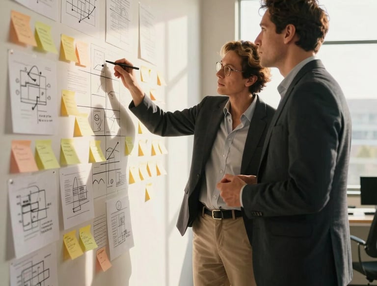A candid, professional photograph of two consultants in a sunlit, high-ceiling North American studio. They are looking at a large wall covered in organized sticky notes and sketches, pointing at a specific strategy. The lighting is warm and inspiring.