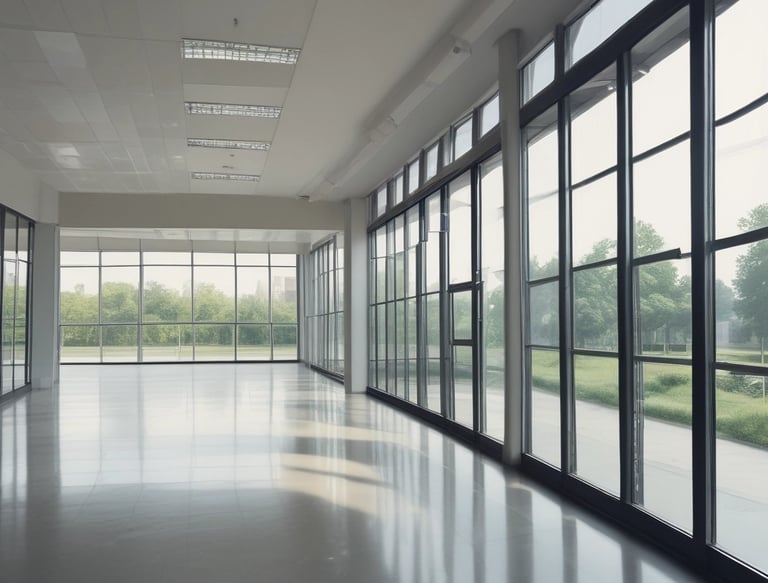 Clean, modern office space with large windows and shiny floors reflecting natural light.