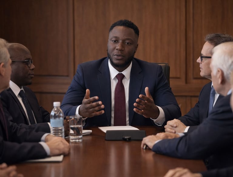 A black businessman leading a corporate meeting with diverse executives in a wood-paneled boardroom.