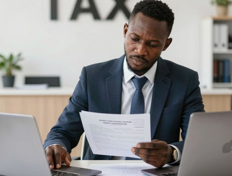 A tax professional at Taxhpliance Startup reviewing financial documents and using laptops.