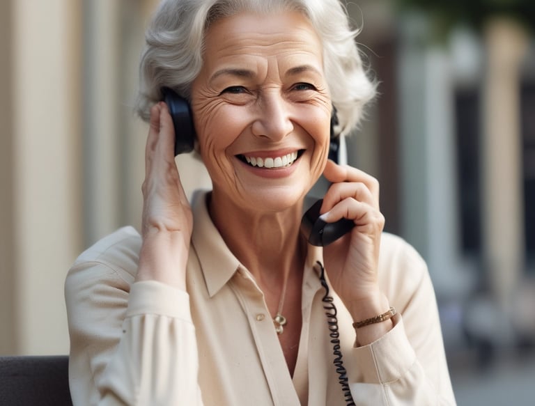 A close-up of a smiling elderly woman speaking gently into a phone, with a calm, bright background.