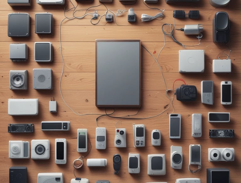 A collection of tech gadgets and accessories displayed on a wooden surface including a laptop covered with various tech-related stickers, two smart speakers, a smartphone, smart watch, and wireless earbuds.