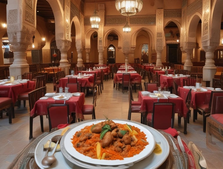 Neon signs in vibrant green and red illuminate the exterior of a Moroccan restaurant at night. The sign advertises specialties like couscous and tagines.