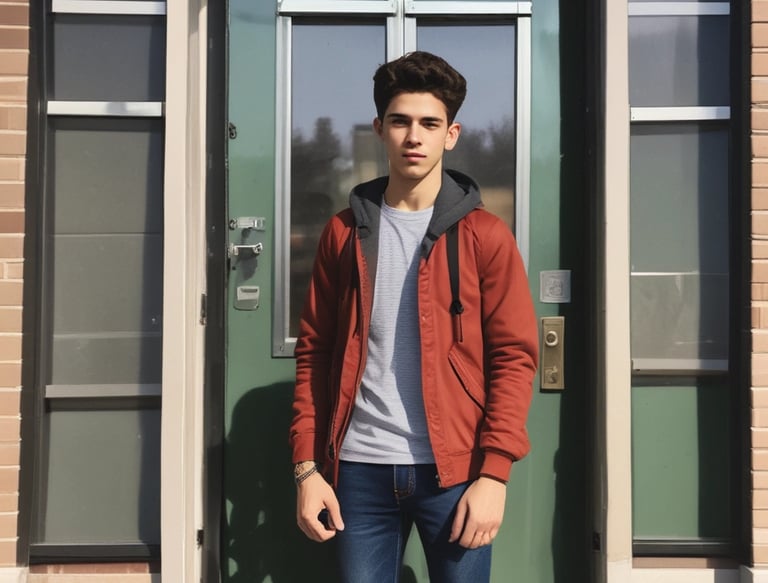 Several young students dressed in school uniforms stand outdoors on a dirt path, surrounded by greenery. The children wear navy blue vests and white shirts, each carrying a backpack.