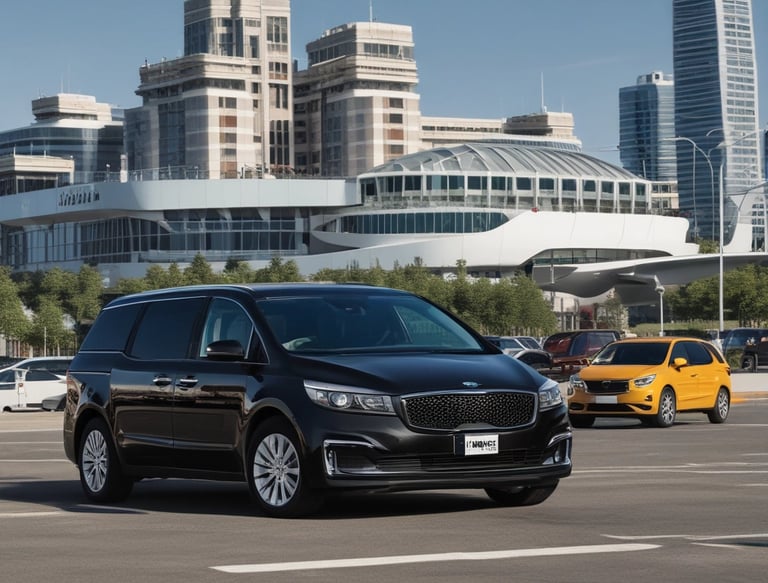 Passengers are seated inside a vehicle with green seats visible. The reflection on the window shows people standing outside, along with the facade of nearby buildings featuring classic architecture. A woman wearing a white hat sits among the passengers, adding a touch of elegance to the scene.