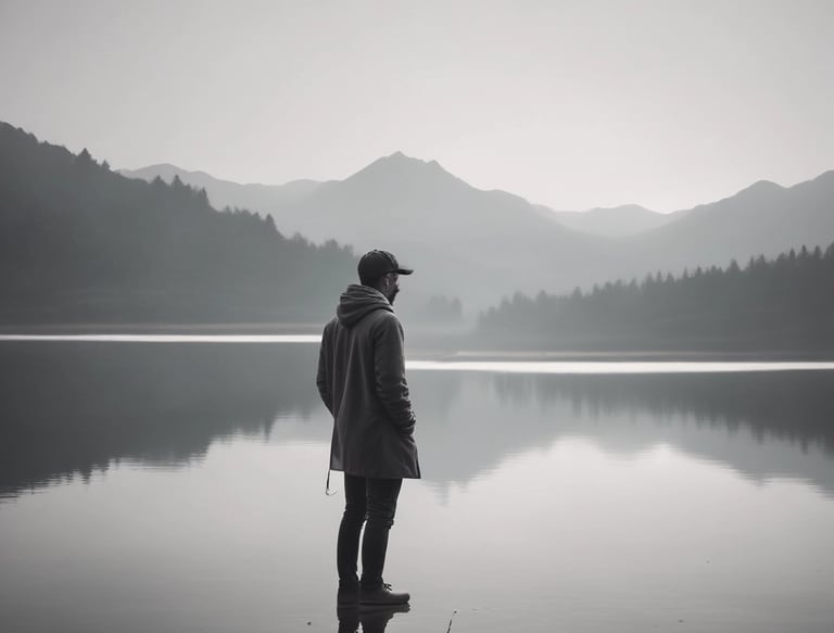 A minimalist portrait of the photographer in a serene setting.