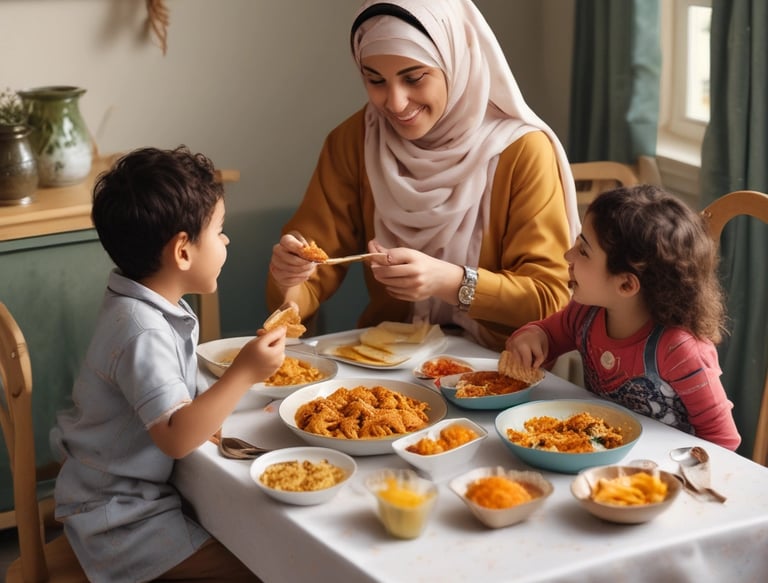 A family enjoying a meal together at the dining table.