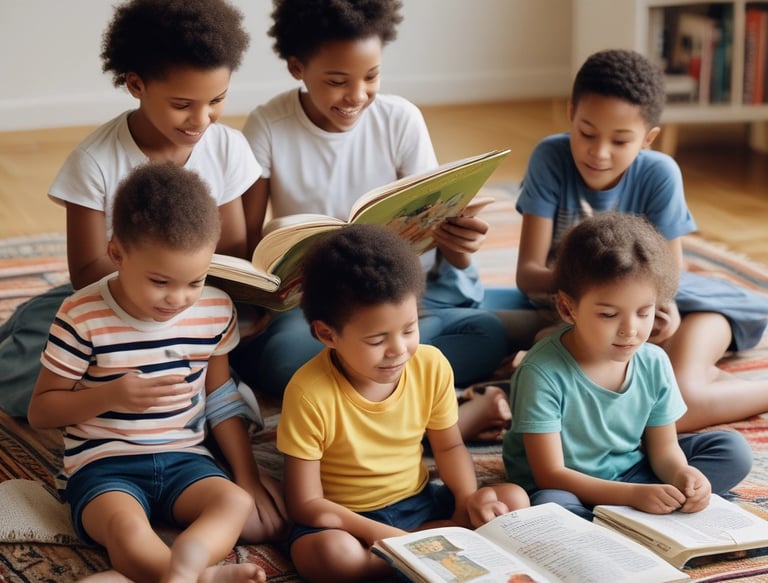 A collection of colorful children's books with illustrated covers, prominently featuring titles by Enid Blyton. The books are neatly arranged in a box, showcasing a variety of themes, including circus, adventure, and fantasy.