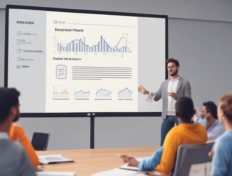 Two individuals stand in front of a whiteboard covered with multicolored sticky notes and arrows. One person points towards the whiteboard, which has handwritten words like 'User-Generated Content', 'Engagement', 'Event', and 'Social Wall'. The setting appears to be a collaborative or educational environment.