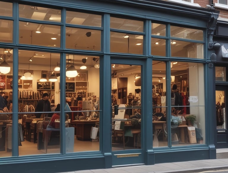A dry cleaning shop named 'HLP Cleaners' is located on a dimly lit street. The store has a prominent sign above the entrance, and its windows are illuminated with a warm yellow light. A sign on the door lists services such as dry cleaning, laundry, and suede & leather cleaning. The building exterior is simple with a combination of dark tiles and light-colored upper walls. The entrance is flanked by two closed doors, likely of neighboring establishments.