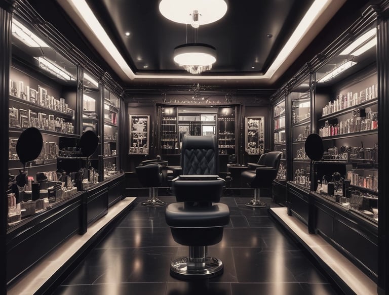 Luxurious leather barber chair with diamond stitching is prominently positioned in a stylish, modern barbershop. The background features dark shelves stocked with grooming products and bottles. A sleek sink for washing hair is visible near the chair. The lighting creates a warm, inviting atmosphere with a large ceiling lamp adding to the ambiance.