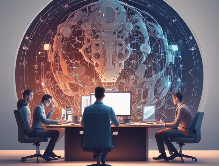 Large blue letters 'AI' stand prominently on a surface covered with a pattern of hexagonal shapes. Dark swirling lines intersect around the letters, creating a sense of motion and complexity. The background has a metallic sheen with a futuristic, digital style.