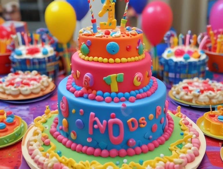 Large, colorful inflatable figures resembling cartoon characters are displayed outdoors near a waterfront. The inflatables include a character sitting on a banana and another with a large toadstool cap. The background features a city skyline with tall buildings and a cloudy sky.