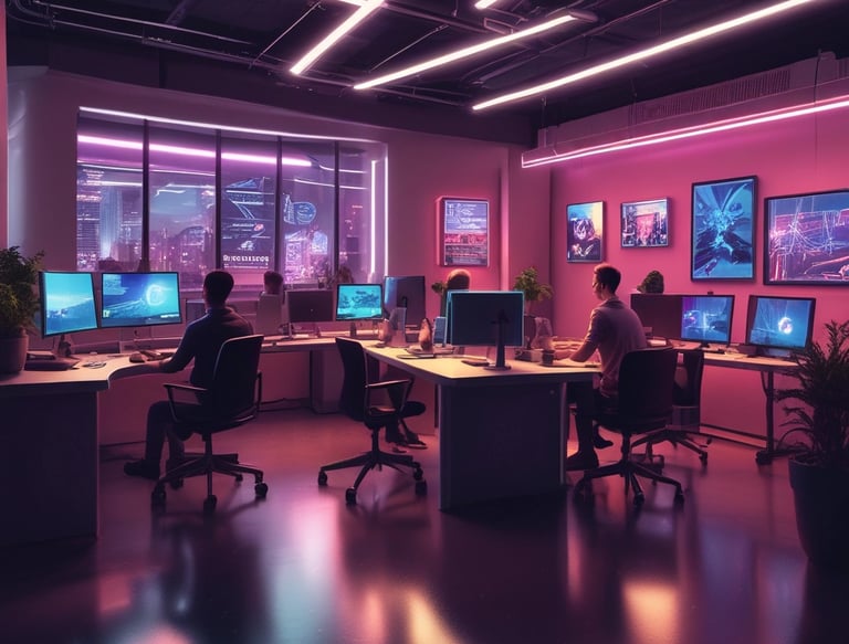 A futuristic office space with digital screens and creative professionals collaborating on marketing strategies.