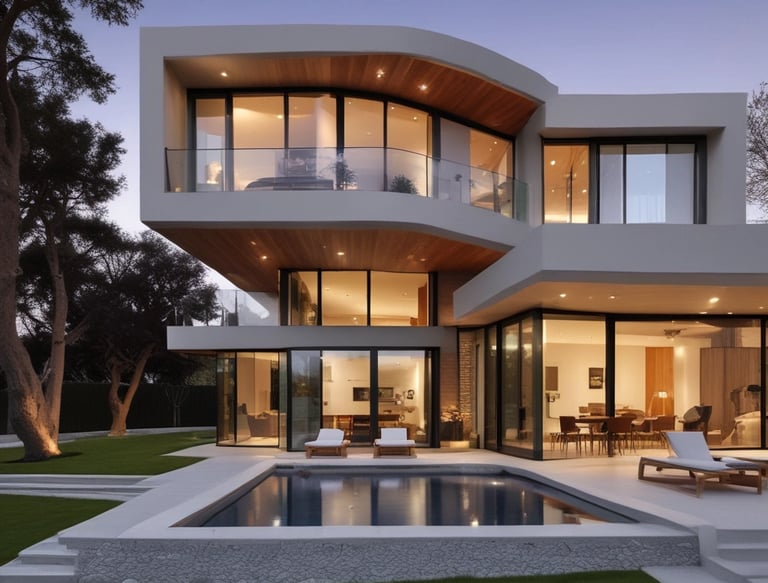 A luxurious multi-story residential building with a waterfront location, surrounded by palm trees and clear blue water. The architecture is elegant with arched windows and a light color palette.