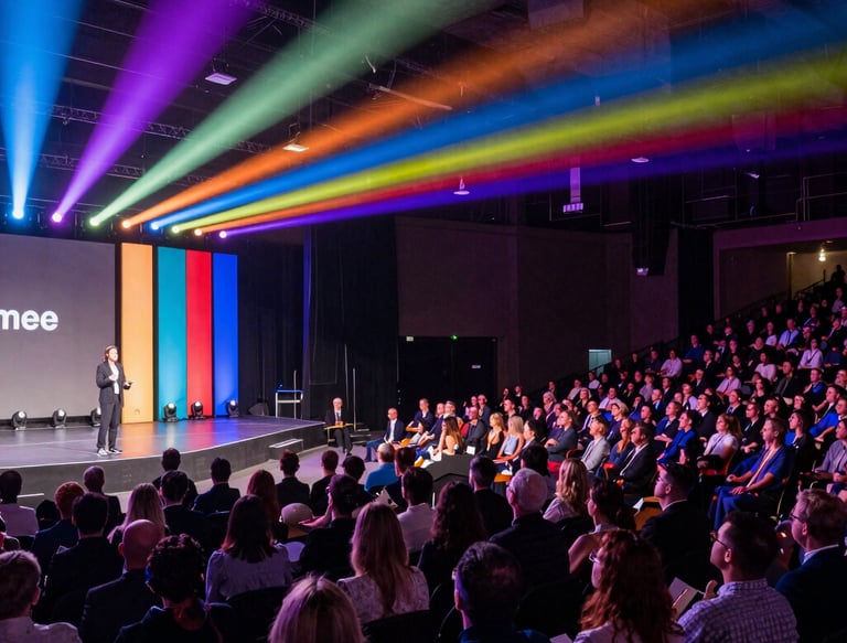 A large outdoor event with a crowd of people gathered in front of a stage. The stage is covered by a white canopy, and bright lights illuminate it. Attendees are raising their hands, suggesting enthusiasm or participation. A large screen displays an image of another part of the event, contributing to the lively atmosphere. The surrounding area is a grassy park-like setting with trees in the background.