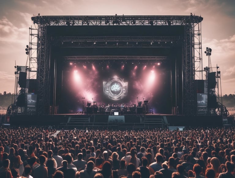 A vibrant live performance scene with an enthusiastic crowd enjoying an EDM show.