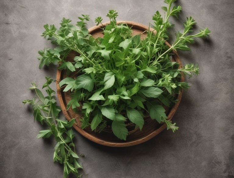 Dried herbs and flowers are scattered across a surface, spilling out of a white container. In the midst of the natural elements, a small wooden spoon with 'made with love' written on it is visible.