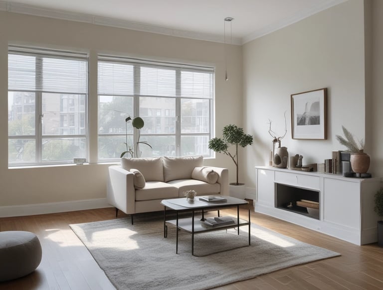 The image depicts an unfinished interior space with exposed brick walls and a concrete floor. Construction materials such as wooden boards, buckets, and other building supplies are scattered around the room. There is a partially opened doorway leading to another room, highlighting the ongoing renovation process.