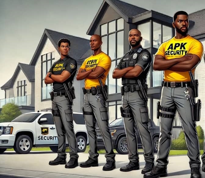 a group of apk security officers standing in front of a house with apk security car
