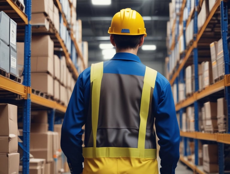 A delivery person wearing a black and yellow uniform is walking with a parcel in hand. The scene appears to be in an urban area, near a building entrance, with a parked vehicle visible in the foreground. The environment looks subdued and industrial, with concrete surfaces and muted tones.