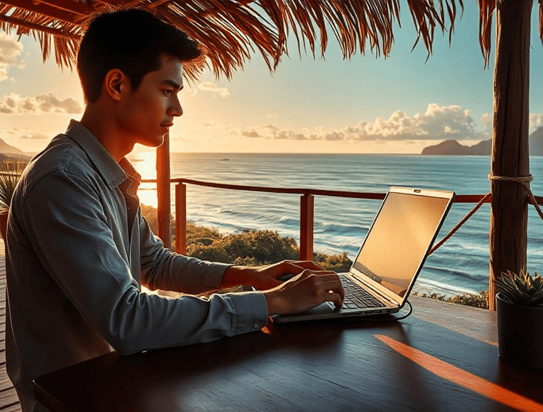 Homme en télétravail gérant les avis clients sur la création de site web