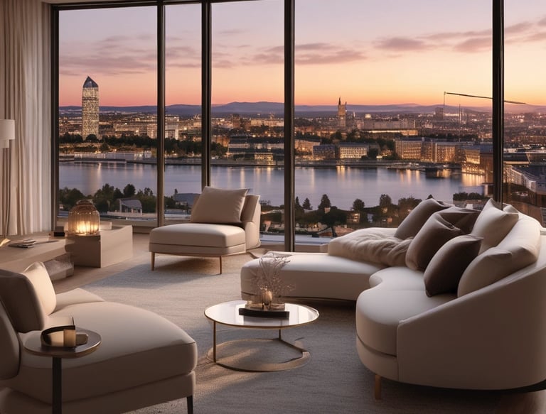 A tall, modern skyscraper with a sleek, geometric design features numerous windows and balconies. The foreground displays a sign advertising luxury penthouse suites with information on sales and rentals. Several small trees and flagpoles are lined up on the terrace, adding a touch of greenery to the urban setting.
