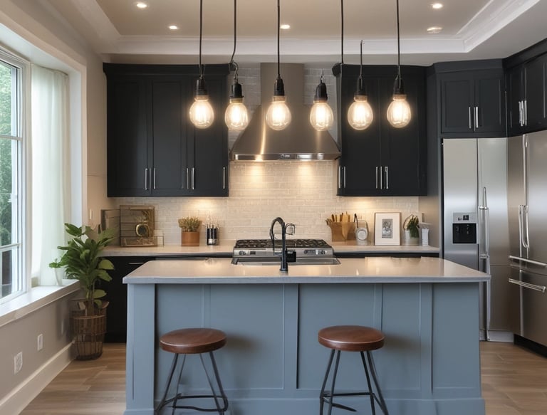 A satisfied family enjoying a well-lit living room with modern fixtures.