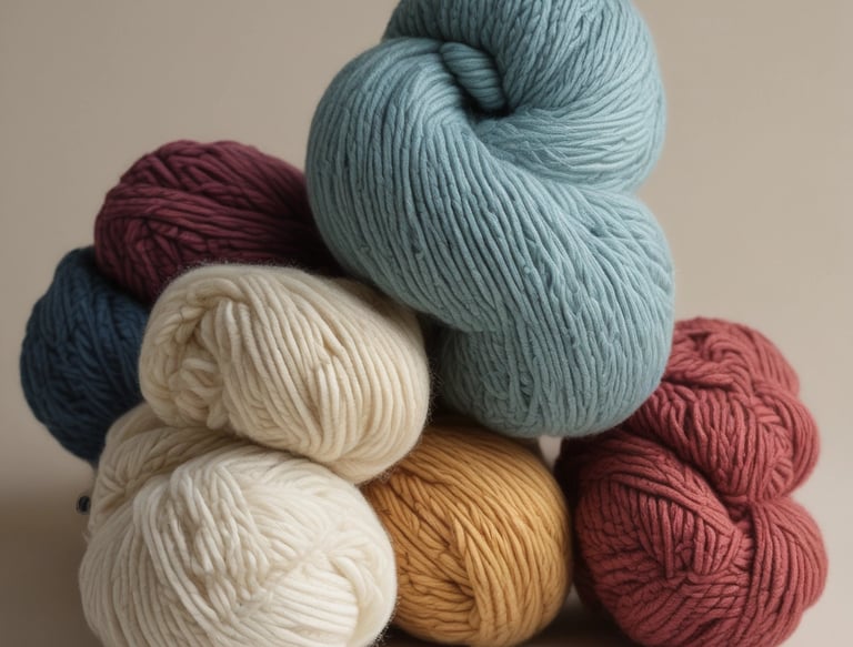 A stack of neatly folded knitted sweaters showcasing a variety of textures and patterns. The pile features different knit designs, including a honeycomb pattern and ribbed styles, in neutral tones with one teal garment in the middle.