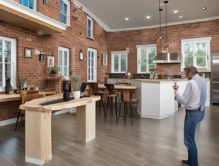 A skilled technician carefully inspecting a modern home's exterior under soft natural light.