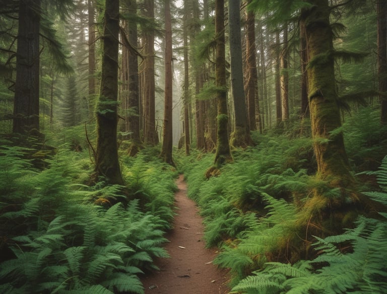 A serene forest path lined with lush green plants under soft sunlight.