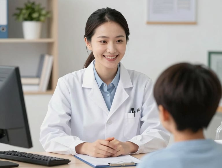 Doctor consulting with a patient in a bright, welcoming medical office.