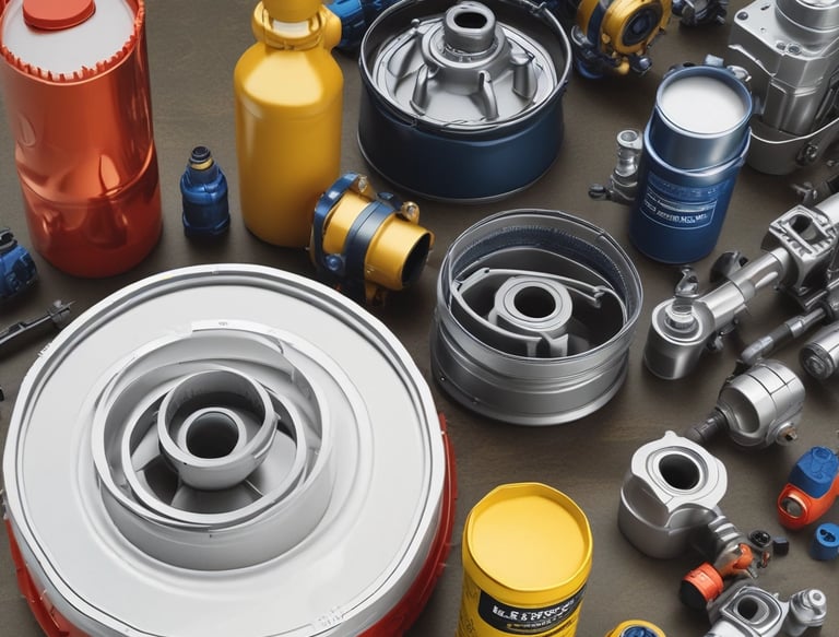 A can of waterproof spray lubricant labeled 'HCF' and manufactured by BG sits on a metal work surface. A red straw is attached to the nozzle, extending outward. Beside the can are industrial items including a fabric cloth and a small drill bit. The background features stacked boxes with indistinct writing, and a partially obstructed window revealing an industrial or workshop setting.