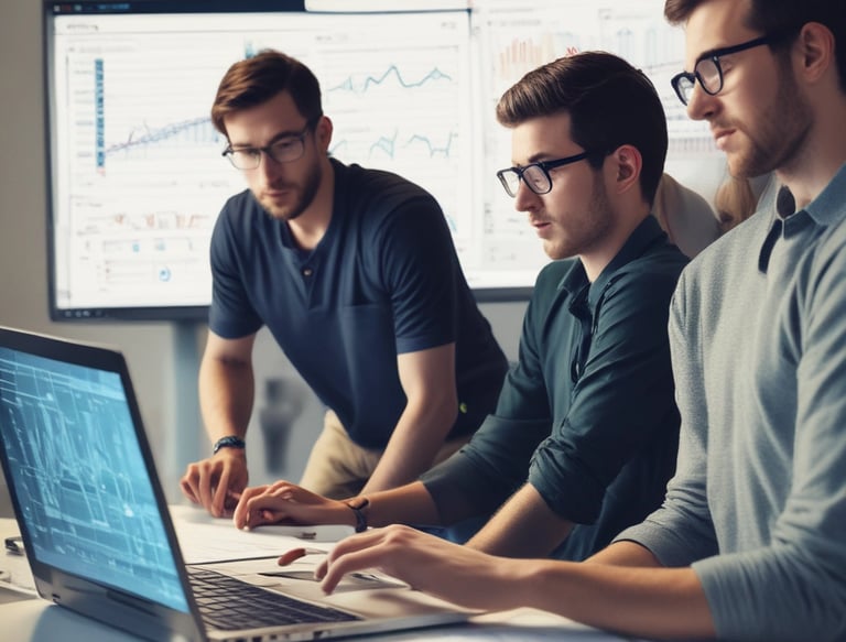 A team of data engineers collaborating over a laptop, analyzing data visualizations on the screen.