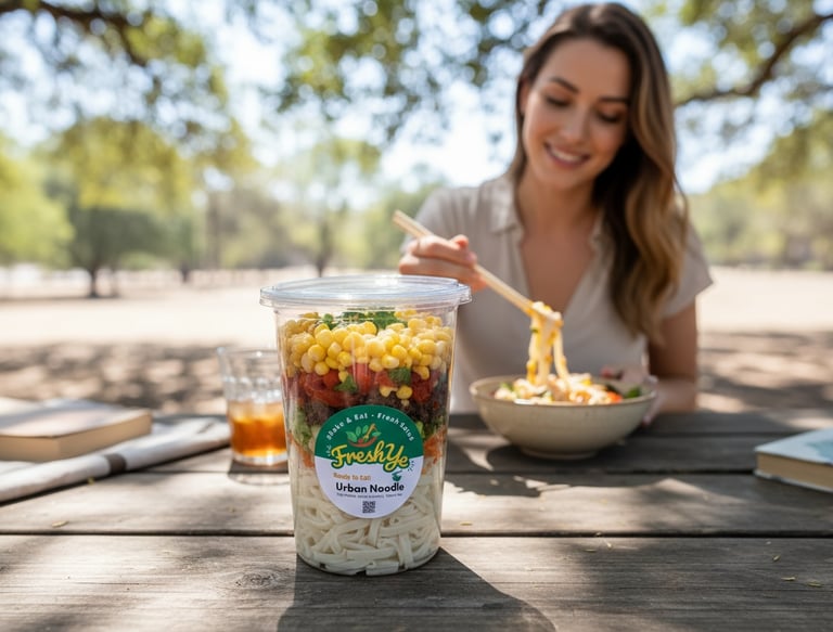 Bir qadin salatla birlikde makaron yeyir.