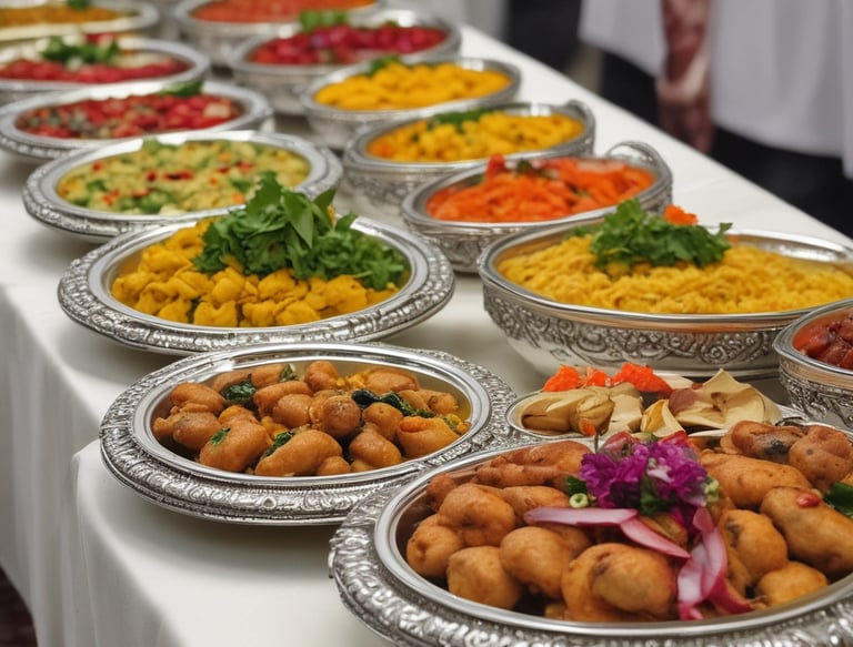 A food stall setup featuring large brass pots, stacks of ceramic plates, and a variety of Indian street food items, including a large tray of seasoned rice garnished with onions and spices. Plastic bags full of crispy snacks are placed nearby, with a person serving them into smaller containers.