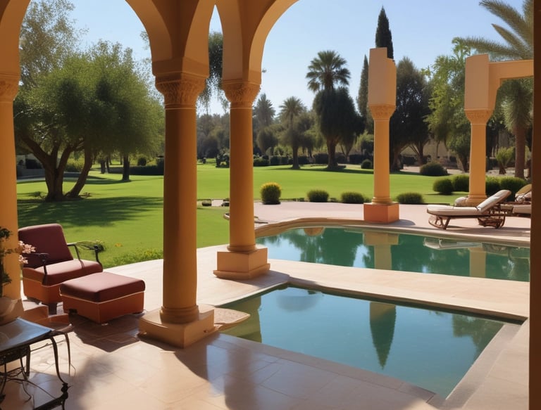 A large villa with yellow and terracotta tones sits alongside a clear, turquoise body of water. The multi-story building has various arches, balconies, and terraces, surrounded by lush green hills. People can be seen engaging in water activities, including a small boat near the villa. A smaller building with a tower is visible in the background amidst the greenery.