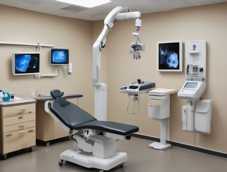 A hospital room containing an MRI machine surrounded by overhead lights and various medical equipment. The room has a clean and clinical environment with red cabinets on the left and diagnostic machines on the right.