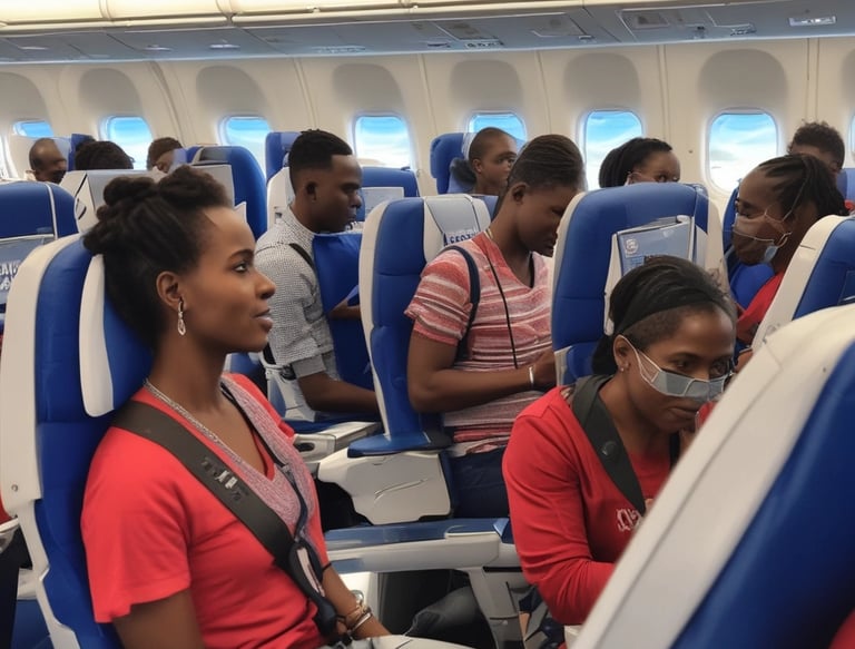 Happy traveler with luggage standing in front of a plane ready to board.