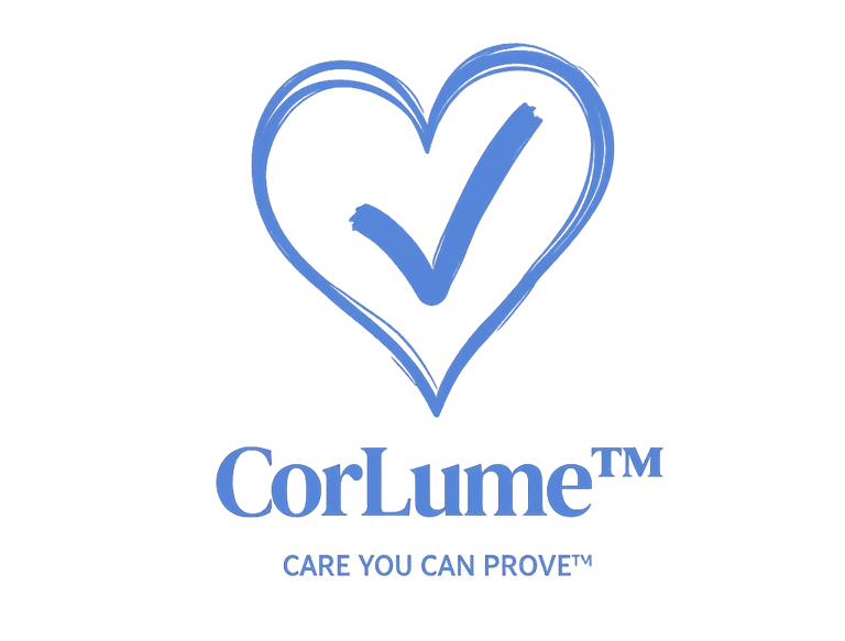 a blue heart shaped logo with the word corline on it