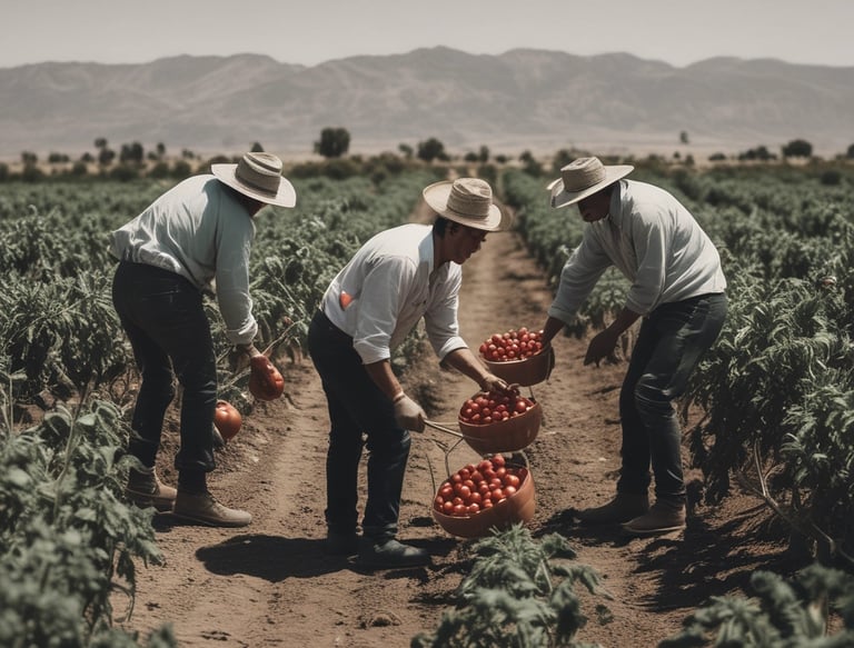 A lush green agricultural field with men and women working amidst the crops. The landscape is dotted with palm trees and a distant mountain range under a clear sky. Various poles are erected throughout the field, and there are signs of water irrigation.