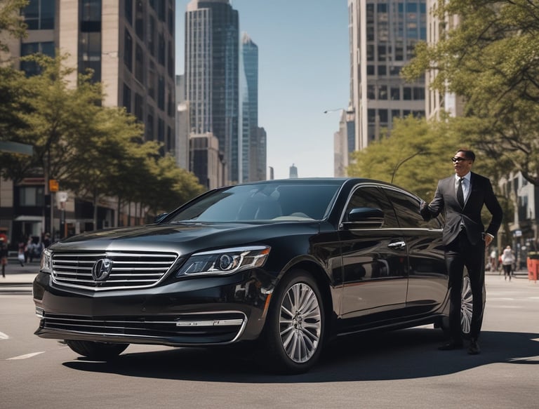 A vintage-style white limousine is parked on a quiet street, surrounded by greenery and with tall residential buildings in the background. A person in a suit stands next to the car, appearing to be engaged in some activity at the open car door.