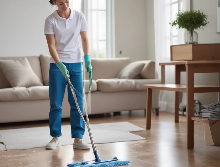 A person wearing protective clothing, a face mask, and gloves is cleaning a white cushioned furniture piece using a vacuum cleaner. The setting appears to be indoors with bright natural light streaming in through large windows. A green potted plant is placed next to a white sofa, adding a touch of nature to the clean and tidy environment.